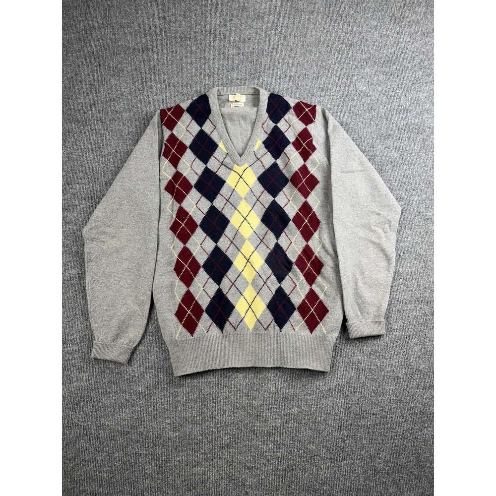 Vintage Alan Paine Sweater Mens 42 Gray Argyle‎ Lambswool V Neck Burgundy 80s